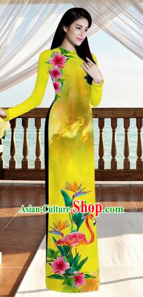 Traditional Top Grade Asian Vietnamese Costumes, Vietnam National Ao Dai Dress Printing Flowers Crane Yellow Qipao for Women