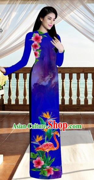 Traditional Top Grade Asian Vietnamese Costumes, Vietnam National Ao Dai Dress Printing Flowers Crane Royalblue Qipao for Women