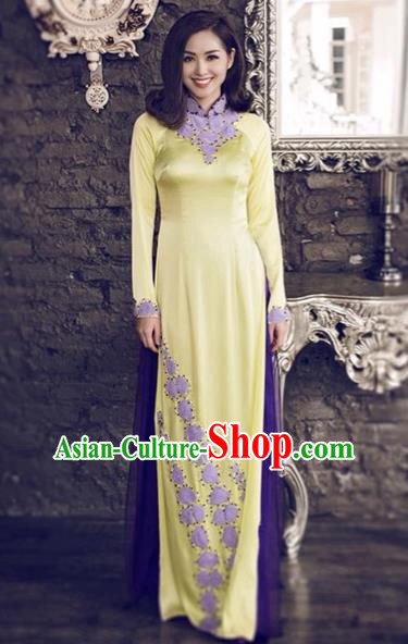 Traditional Top Grade Asian Vietnamese Costumes Hand Embroidery Full Dress, Vietnam National Ao Dai Dress Yellow Qipao for Women