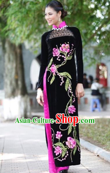 Traditional Top Grade Asian Vietnamese Costumes Handmade Embroidery Full Dress, Vietnam National Ao Dai Dress Qipao for Women