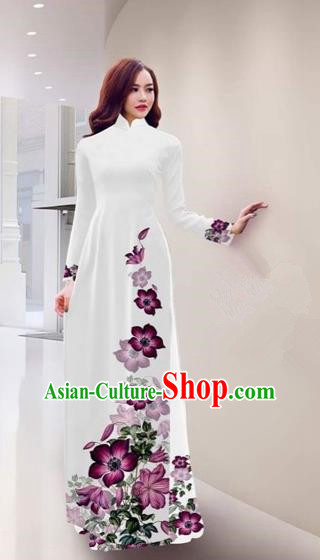 Traditional Top Grade Asian Vietnamese Costumes Handmade Printing White Full Dress, Vietnam National Ao Dai Dress Qipao for Women