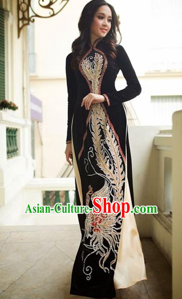 Traditional Top Grade Asian Vietnamese Costumes Handmade Painting Pleuche Full Dress, Vietnam National Ao Dai Dress Qipao for Women