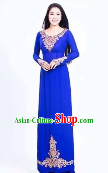 Traditional Top Grade Asian Vietnamese Costumes Classical Handmade Royalblue Full Dress and Pants, Vietnam National Ao Dai Dress Etiquette Qipao for Women