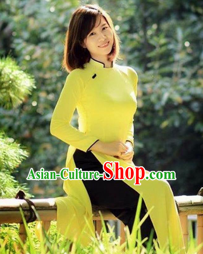 Traditional Top Grade Asian Vietnamese Costumes Classical Handmade Yellow Full Dress, Vietnam National Ao Dai Dress Etiquette Qipao for Women