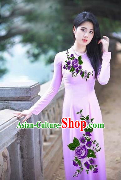 Traditional Top Grade Asian Vietnamese Costumes Classical Printing Purple Flowers Full Dress, Vietnam National Ao Dai Dress Etiquette Qipao for Women