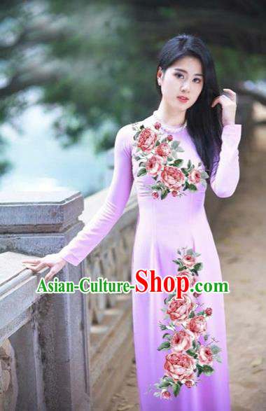 Traditional Top Grade Asian Vietnamese Costumes Classical Printing Flowers Full Dress, Vietnam National Ao Dai Dress Etiquette Qipao for Women