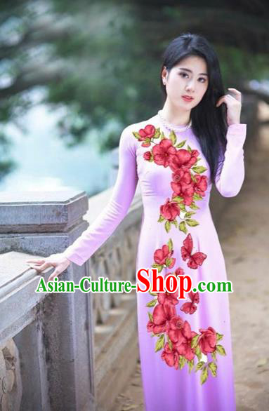 Traditional Top Grade Asian Vietnamese Costumes Classical Printing Red Flowers Full Dress, Vietnam National Ao Dai Dress Etiquette Qipao for Women