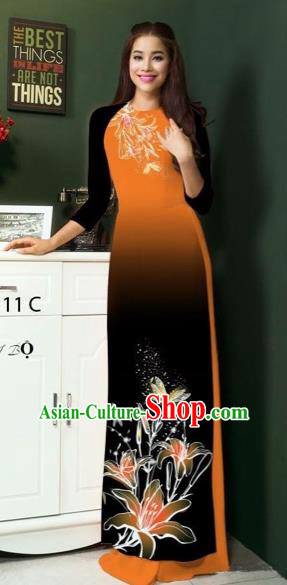 Traditional Top Grade Asian Vietnamese Costumes Classical Printing Greenish Lily Flowers Full Dress, Vietnam National Ao Dai Dress Orange Etiquette Qipao for Women