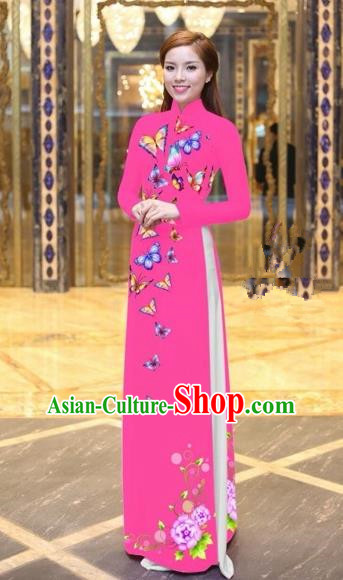 Traditional Top Grade Asian Vietnamese Costumes Classical Printing Butterfly Pattern Full Dress, Vietnam National Ao Dai Dress Pink Etiquette Qipao for Women