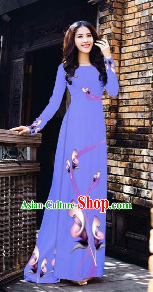 Traditional Top Grade Asian Vietnamese Costumes Classical Printing Flowers Pattern Full Dress, Vietnam National Ao Dai Dress Lilac Etiquette Qipao for Women