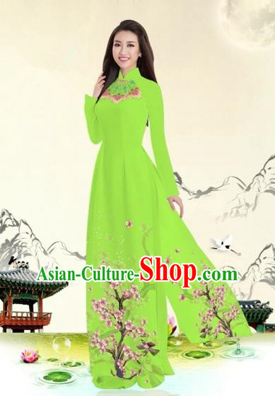 Traditional Top Grade Asian Vietnamese Costumes Classical Plum Blossom Pattern Full Dress, Vietnam National Ao Dai Dress Viridis Etiquette Qipao for Women