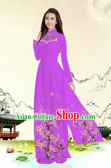 Traditional Top Grade Asian Vietnamese Costumes Classical Plum Blossom Pattern Full Dress, Vietnam National Ao Dai Dress Violet Etiquette Qipao for Women