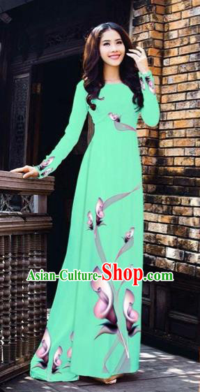 Traditional Top Grade Asian Vietnamese Costumes Classical Printing Flowers Pattern Full Dress, Vietnam National Ao Dai Dress Green Etiquette Qipao for Women