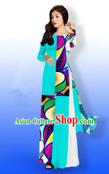 Traditional Top Grade Asian Vietnamese Costumes Classical Printing Full Dress, Vietnam National Ao Dai Dress Bride Blue Qipao for Women