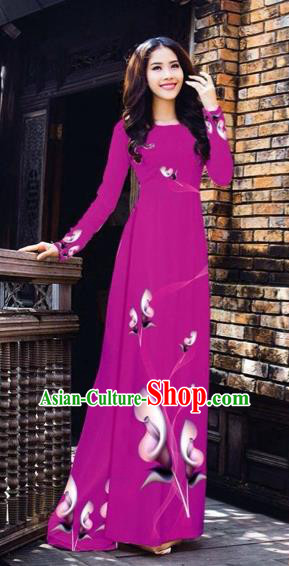 Traditional Top Grade Asian Vietnamese Costumes Classical Printing Flowers Pattern Full Dress, Vietnam National Ao Dai Dress Amaranth Etiquette Qipao for Women