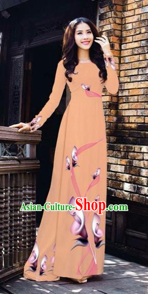 Traditional Top Grade Asian Vietnamese Costumes Classical Printing Flowers Pattern Full Dress, Vietnam National Ao Dai Dress Nude Pink Etiquette Qipao for Women