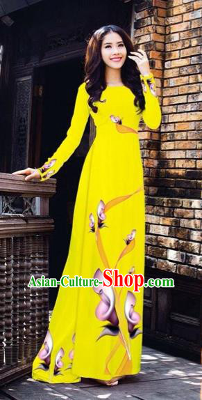 Traditional Top Grade Asian Vietnamese Costumes Classical Printing Flowers Pattern Full Dress, Vietnam National Ao Dai Dress Yellow Etiquette Qipao for Women