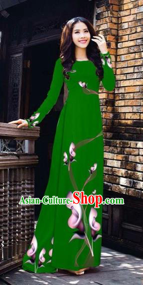 Traditional Top Grade Asian Vietnamese Costumes Classical Printing Flowers Pattern Full Dress, Vietnam National Ao Dai Dress Deep Green Etiquette Qipao for Women