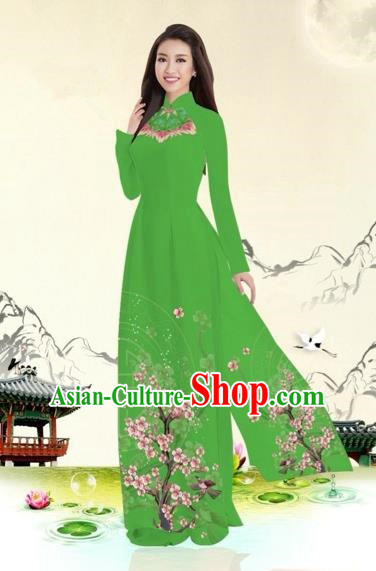 Traditional Top Grade Asian Vietnamese Costumes Classical Plum Blossom Pattern Full Dress, Vietnam National Ao Dai Dress Green Etiquette Qipao for Women