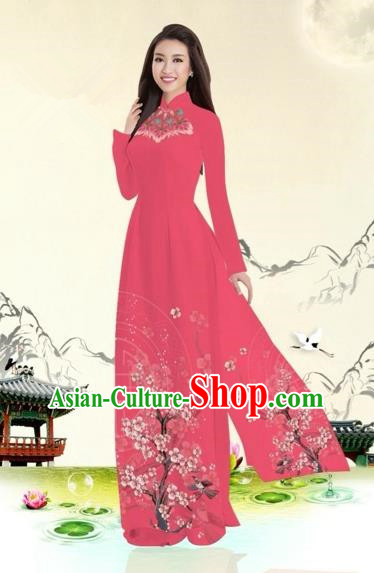 Traditional Top Grade Asian Vietnamese Costumes Classical Plum Blossom Pattern Full Dress, Vietnam National Ao Dai Dress Red Etiquette Qipao for Women