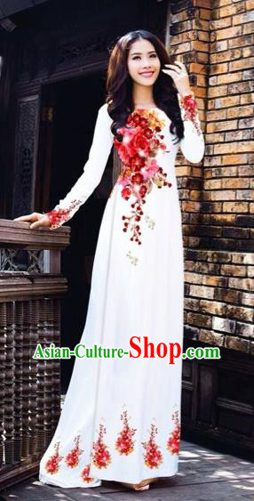 Traditional Top Grade Asian Vietnamese Costumes Dance Dress, Vietnam National Women Ao Dai Dress Printing Red Flowers Cheongsam Clothing