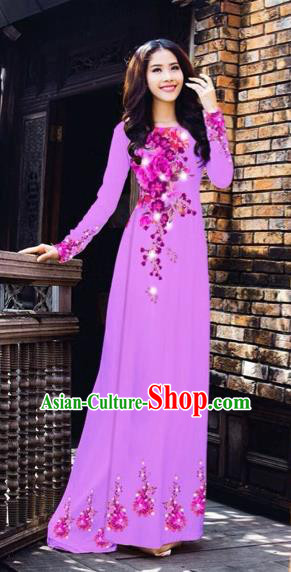 Traditional Top Grade Asian Vietnamese Costumes Dance Dress, Vietnam National Women Ao Dai Dress Printing Flowers Purple Cheongsam Clothing