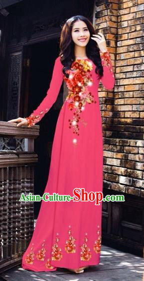 Traditional Top Grade Asian Vietnamese Costumes Dance Dress, Vietnam National Women Ao Dai Dress Printing Flowers Rose Cheongsam Clothing