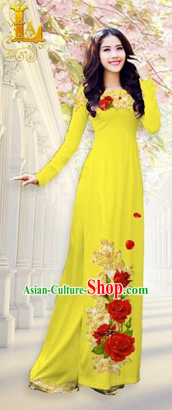 Traditional Top Grade Asian Vietnamese Costumes, Vietnam National Ao Dai Dress Printing Flowers Yellow Qipao for Women