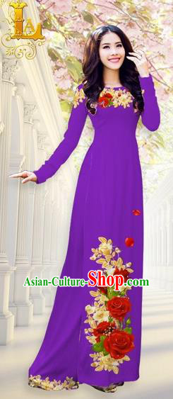 Traditional Top Grade Asian Vietnamese Costumes, Vietnam National Ao Dai Dress Printing Flowers Purple Qipao for Women