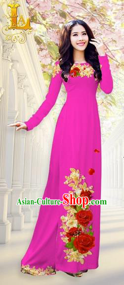 Traditional Top Grade Asian Vietnamese Costumes, Vietnam National Ao Dai Dress Printing Flowers Dusty Pink Qipao for Women
