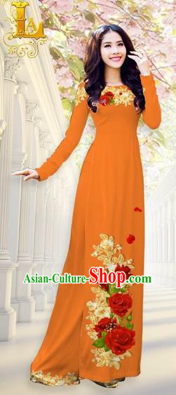 Traditional Top Grade Asian Vietnamese Costumes, Vietnam National Ao Dai Dress Printing Flowers Orange Qipao for Women