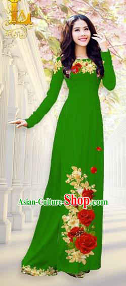Traditional Top Grade Asian Vietnamese Costumes, Vietnam National Ao Dai Dress Printing Flowers Green Qipao for Women