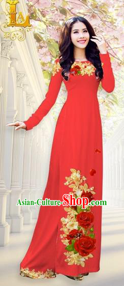 Traditional Top Grade Asian Vietnamese Costumes, Vietnam National Ao Dai Dress Printing Flowers Red Qipao for Women