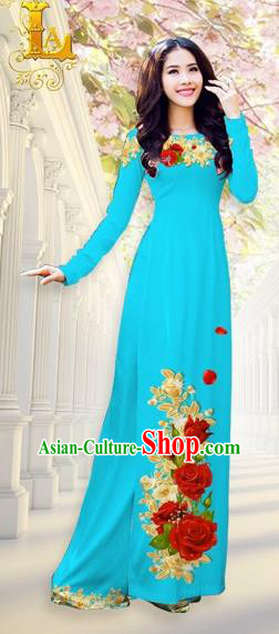 Traditional Top Grade Asian Vietnamese Costumes, Vietnam National Ao Dai Dress Printing Flowers Blue Qipao for Women