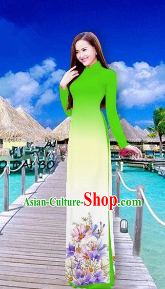 Traditional Top Grade Asian Vietnamese Costumes Full Dress, Vietnam National Ao Dai Dress Printing Flowers Fluorescent Green Stand Collar Qipao for Women