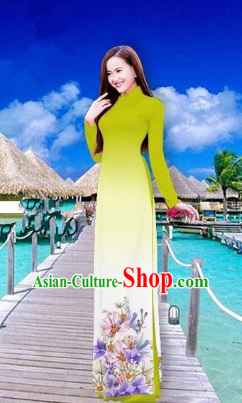 Traditional Top Grade Asian Vietnamese Costumes Full Dress, Vietnam National Ao Dai Dress Printing Flowers Olive Green Stand Collar Qipao for Women