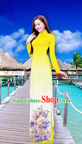 Traditional Top Grade Asian Vietnamese Costumes Full Dress, Vietnam National Ao Dai Dress Printing Flowers Yellow Stand Collar Qipao for Women