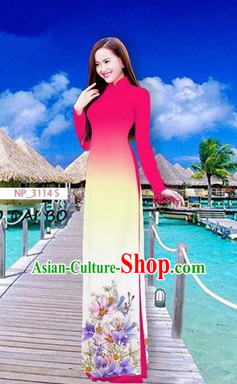 Traditional Top Grade Asian Vietnamese Costumes Full Dress, Vietnam National Ao Dai Dress Printing Flowers Rose Stand Collar Qipao for Women