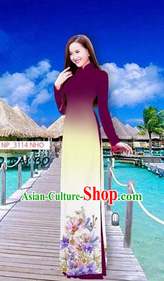 Traditional Top Grade Asian Vietnamese Costumes Full Dress, Vietnam National Ao Dai Dress Printing Flowers Amaranth Stand Collar Qipao for Women