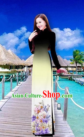 Traditional Top Grade Asian Vietnamese Costumes Full Dress, Vietnam National Ao Dai Dress Printing Flowers Green Stand Collar Qipao for Women