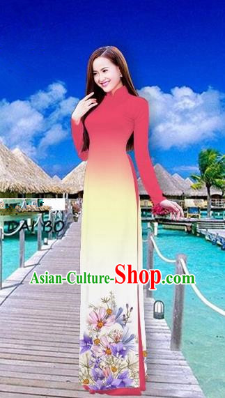 Traditional Top Grade Asian Vietnamese Costumes Full Dress, Vietnam National Ao Dai Dress Printing Flowers Watermelon Red Stand Collar Qipao for Women