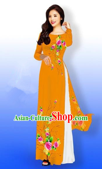 Traditional Top Grade Asian Vietnamese Costumes Full Dress, Vietnam National Ao Dai Dress Printing Rose Flowers Orange Qipao for Women