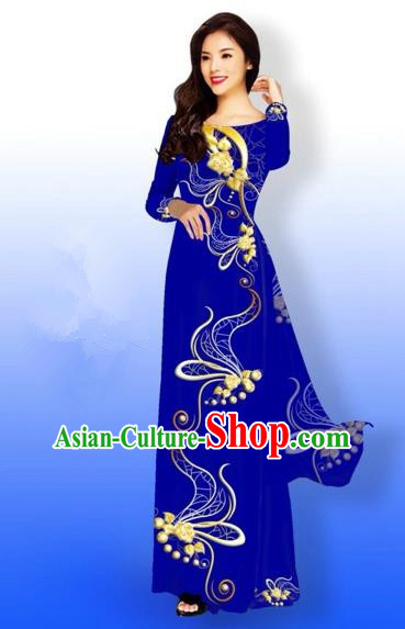 Traditional Top Grade Asian Vietnamese Costumes Full Dress, Vietnam National Ao Dai Dress Printing Royalblue Qipao for Women