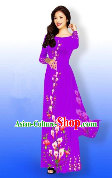 Traditional Top Grade Asian Vietnamese Costumes Full Dress, Vietnam National Ao Dai Dress Printing Purple Qipao for Women