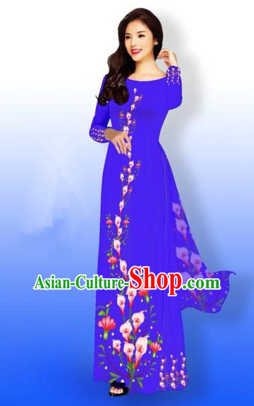 Traditional Top Grade Asian Vietnamese Costumes Full Dress, Vietnam National Ao Dai Dress Printing Flowers Blue Qipao for Women