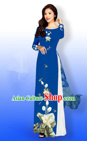 Traditional Top Grade Asian Vietnamese Costumes Full Dress, Vietnam National Ao Dai Dress Printing Flowers Round Collar Peacock Blue Qipao for Women