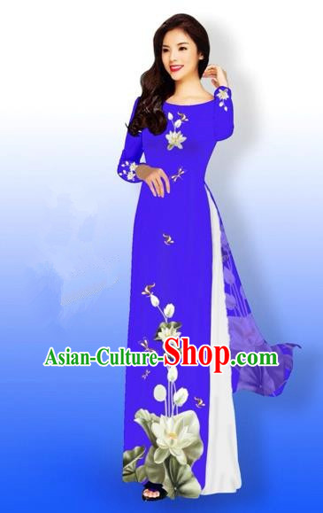 Traditional Top Grade Asian Vietnamese Costumes Full Dress, Vietnam National Ao Dai Dress Printing Flowers Round Collar Blue Qipao for Women