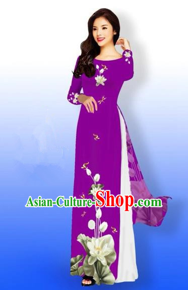 Traditional Top Grade Asian Vietnamese Costumes Full Dress, Vietnam National Ao Dai Dress Printing Flowers Round Collar Amaranth Qipao for Women
