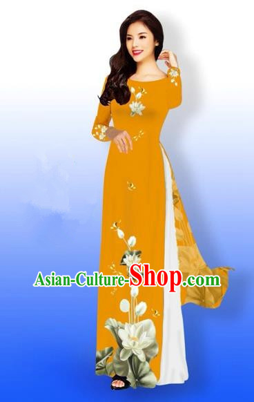 Traditional Top Grade Asian Vietnamese Costumes Full Dress, Vietnam National Ao Dai Dress Printing Flowers Round Collar Orange Qipao for Women