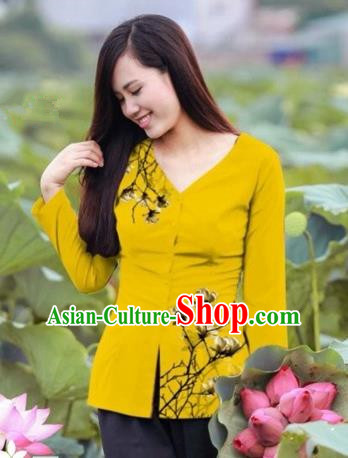 Traditional Top Grade Asian Vietnamese Costumes, Vietnam National Ao Dai Printing Yellow Blouse for Women